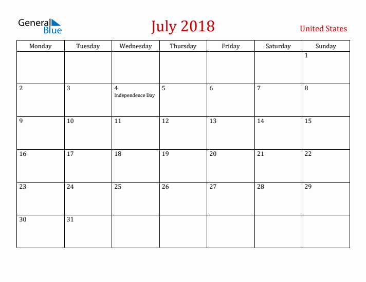 United States July 2018 Calendar - Monday Start