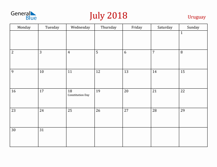 Uruguay July 2018 Calendar - Monday Start