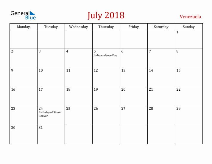 Venezuela July 2018 Calendar - Monday Start