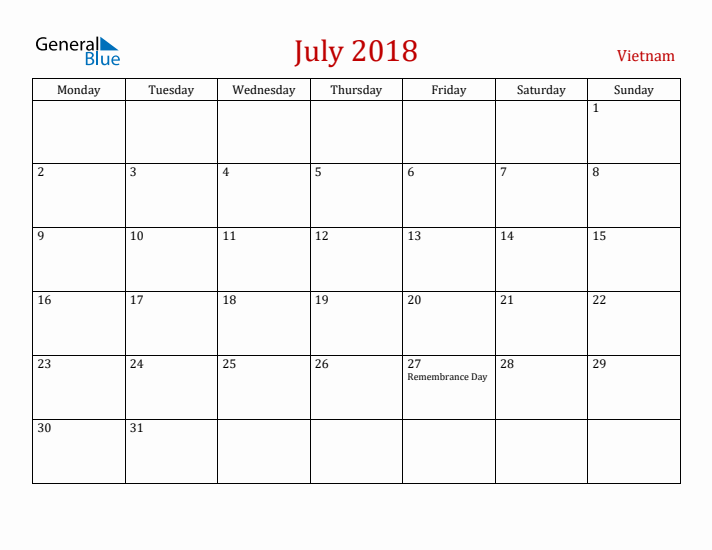 Vietnam July 2018 Calendar - Monday Start