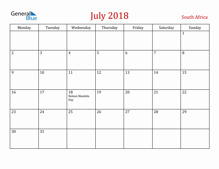 South Africa July 2018 Calendar - Monday Start