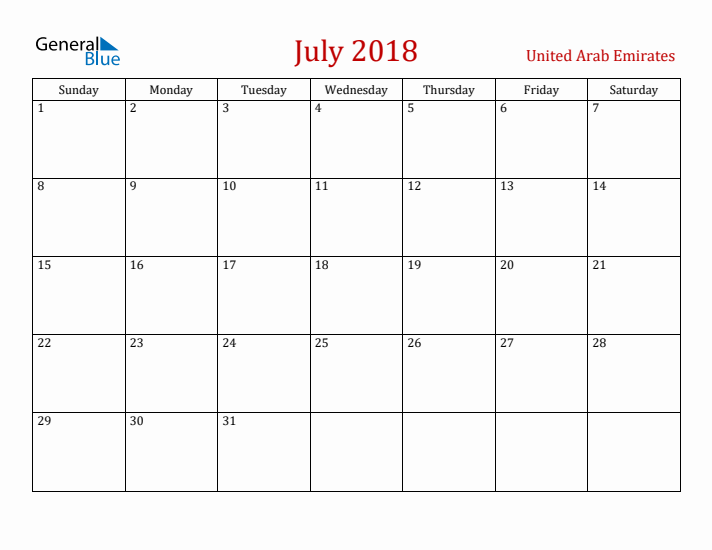 United Arab Emirates July 2018 Calendar - Sunday Start