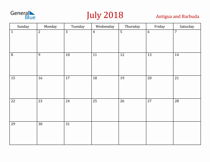 Antigua and Barbuda July 2018 Calendar - Sunday Start