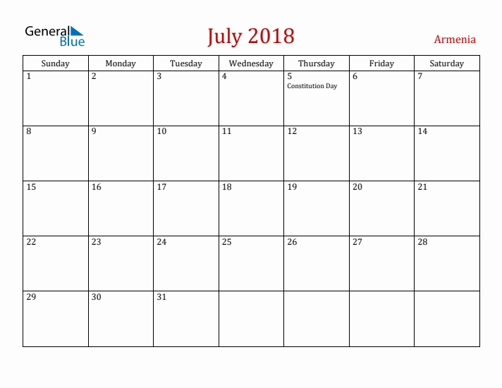Armenia July 2018 Calendar - Sunday Start