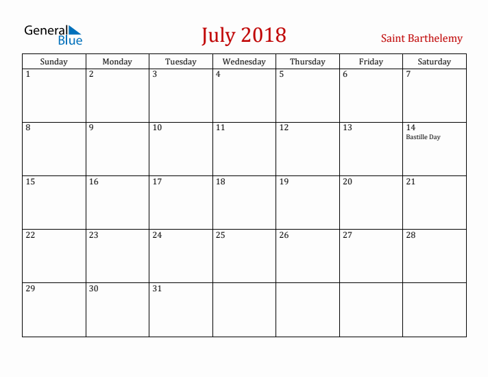 Saint Barthelemy July 2018 Calendar - Sunday Start