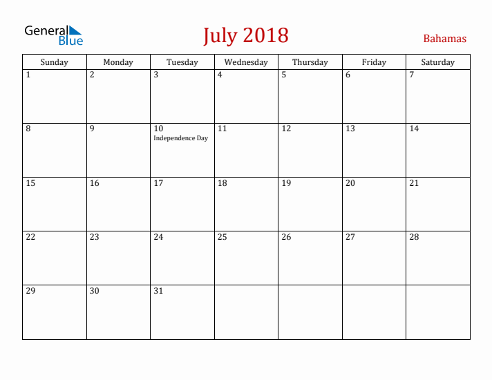 Bahamas July 2018 Calendar - Sunday Start