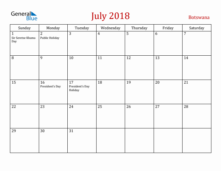 Botswana July 2018 Calendar - Sunday Start