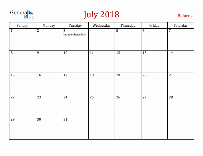 Belarus July 2018 Calendar - Sunday Start