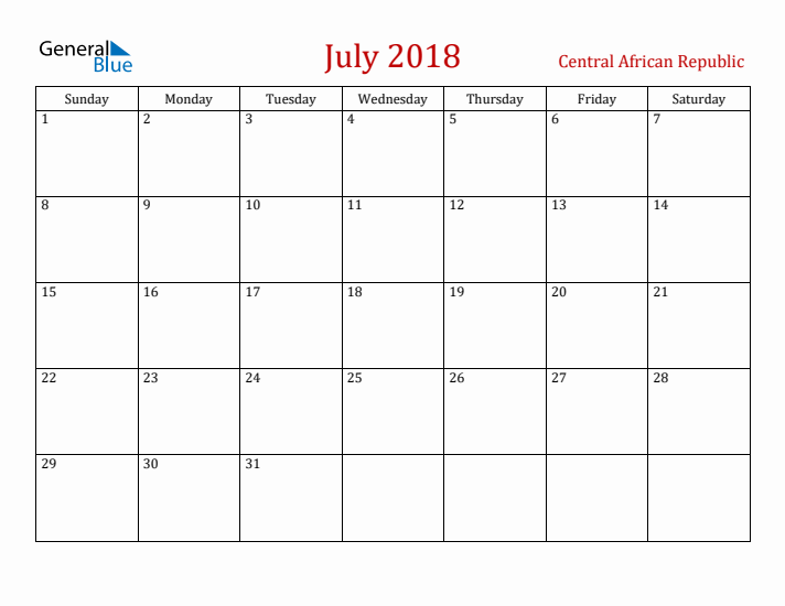 Central African Republic July 2018 Calendar - Sunday Start