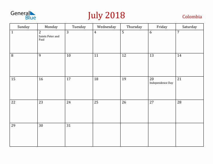 Colombia July 2018 Calendar - Sunday Start