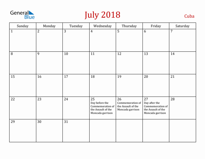 Cuba July 2018 Calendar - Sunday Start