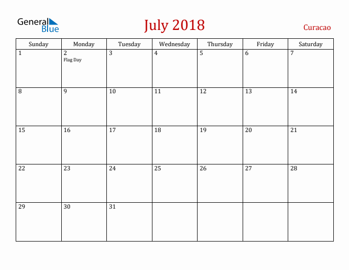 Curacao July 2018 Calendar - Sunday Start