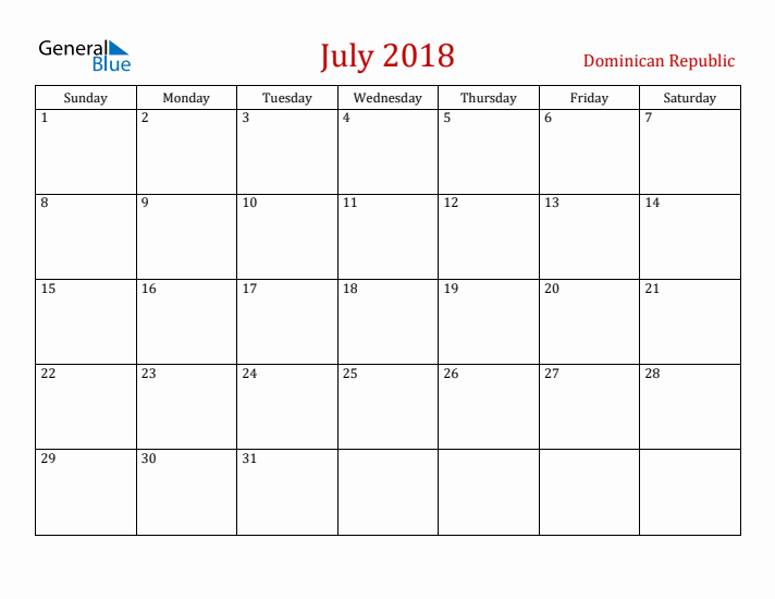 Dominican Republic July 2018 Calendar - Sunday Start
