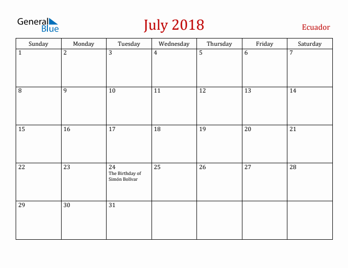 Ecuador July 2018 Calendar - Sunday Start