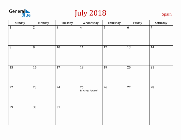 Spain July 2018 Calendar - Sunday Start