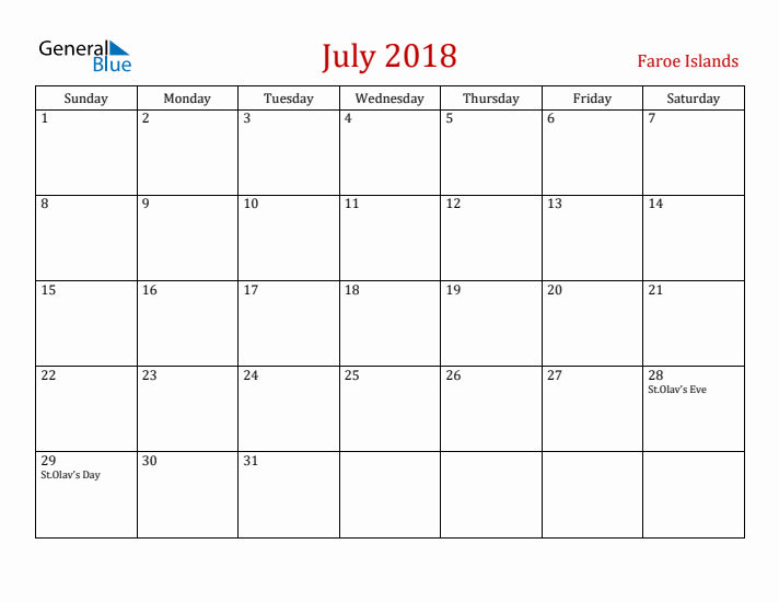 Faroe Islands July 2018 Calendar - Sunday Start