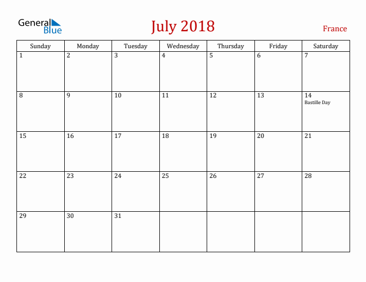 France July 2018 Calendar - Sunday Start