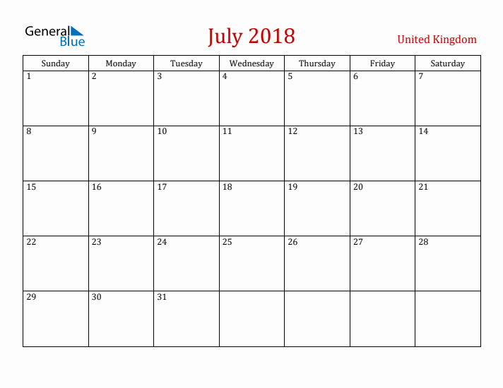 United Kingdom July 2018 Calendar - Sunday Start