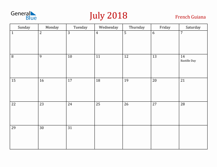 French Guiana July 2018 Calendar - Sunday Start