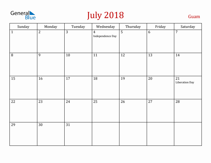 Guam July 2018 Calendar - Sunday Start