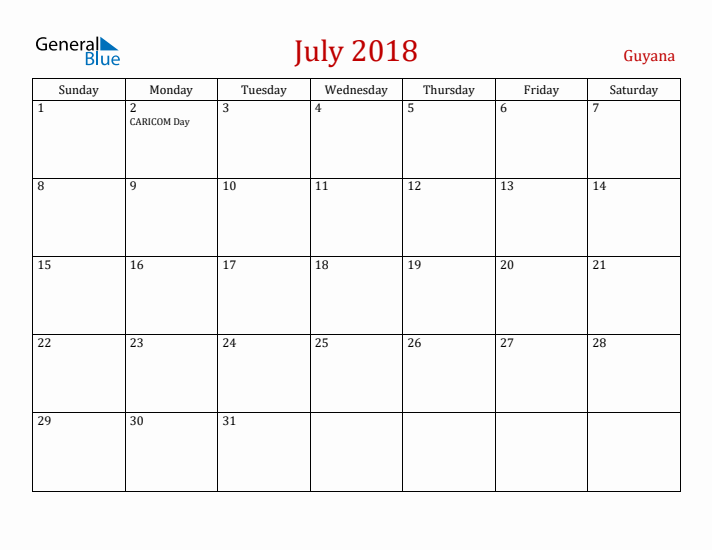 Guyana July 2018 Calendar - Sunday Start