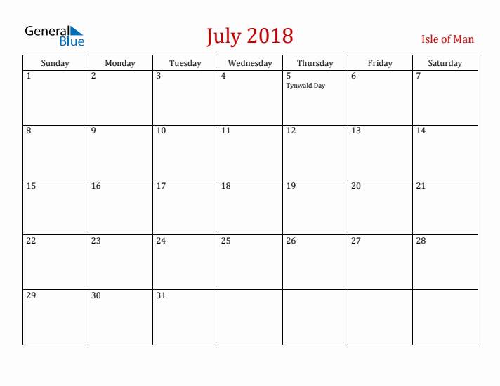 Isle of Man July 2018 Calendar - Sunday Start