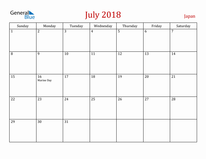 Japan July 2018 Calendar - Sunday Start
