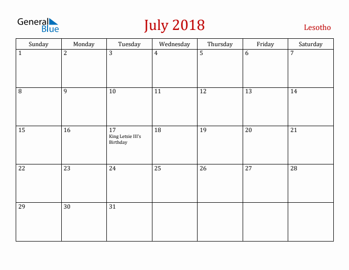 Lesotho July 2018 Calendar - Sunday Start