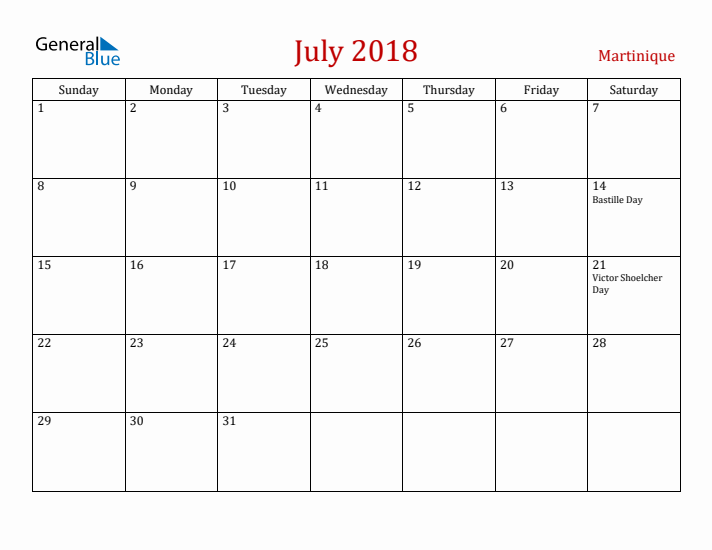 Martinique July 2018 Calendar - Sunday Start
