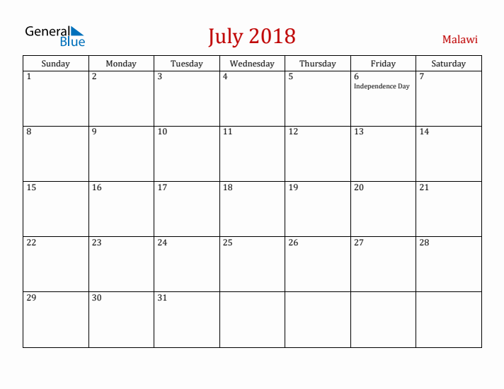 Malawi July 2018 Calendar - Sunday Start
