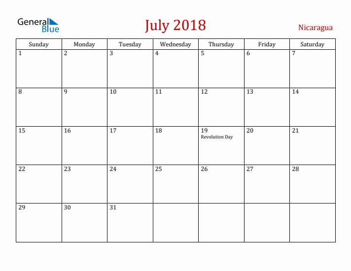 Nicaragua July 2018 Calendar - Sunday Start