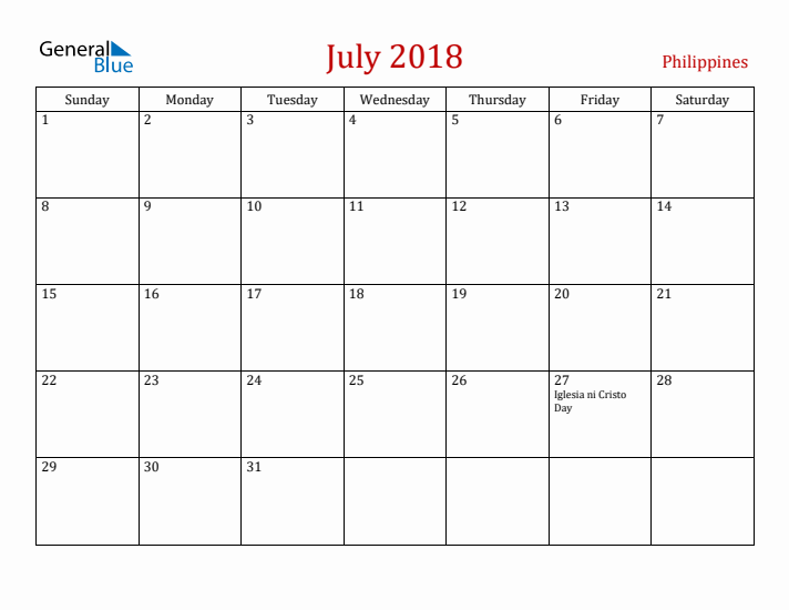 Philippines July 2018 Calendar - Sunday Start