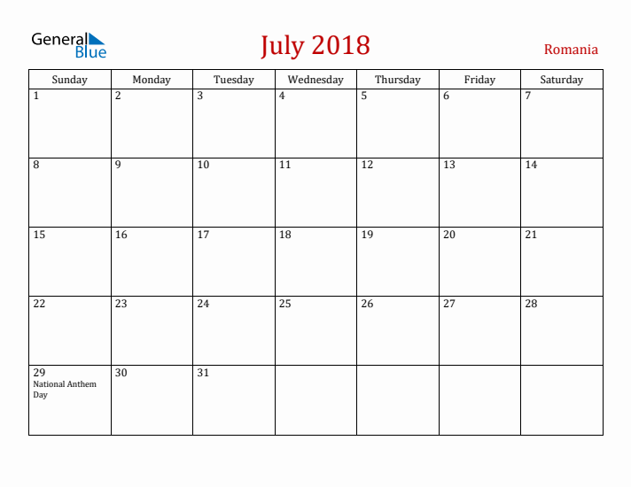 Romania July 2018 Calendar - Sunday Start