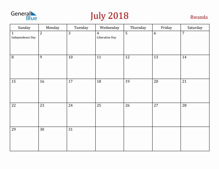 Rwanda July 2018 Calendar - Sunday Start