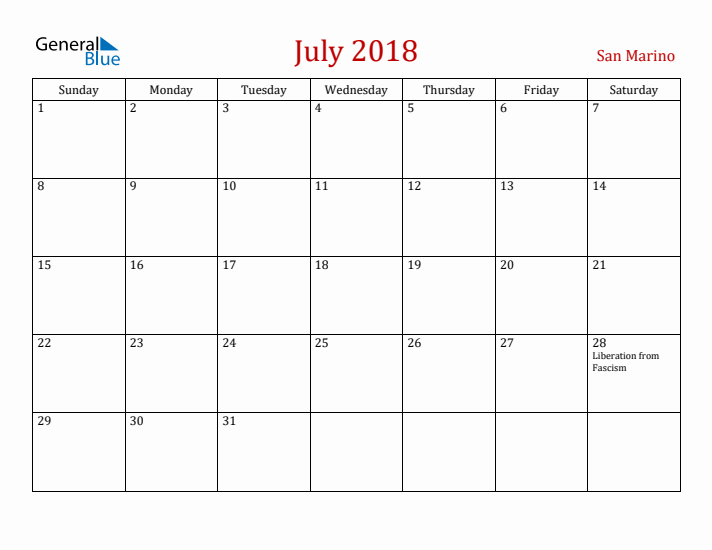 San Marino July 2018 Calendar - Sunday Start