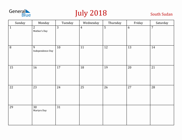 South Sudan July 2018 Calendar - Sunday Start