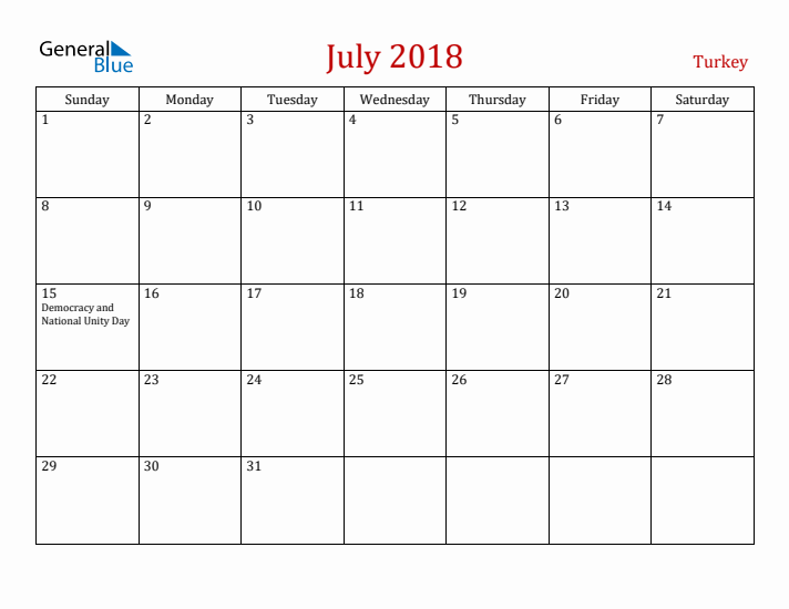 Turkey July 2018 Calendar - Sunday Start