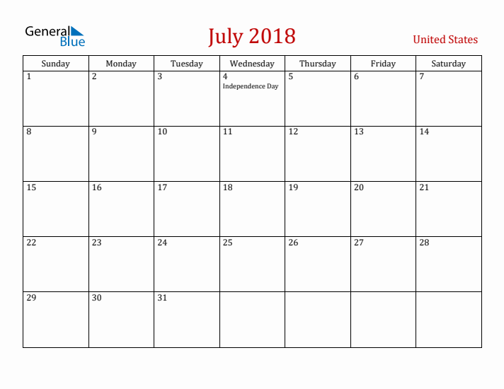 United States July 2018 Calendar - Sunday Start