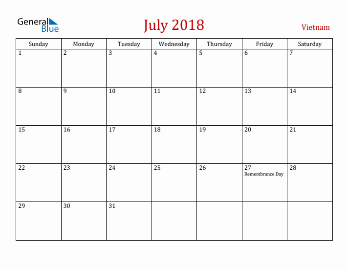 Vietnam July 2018 Calendar - Sunday Start