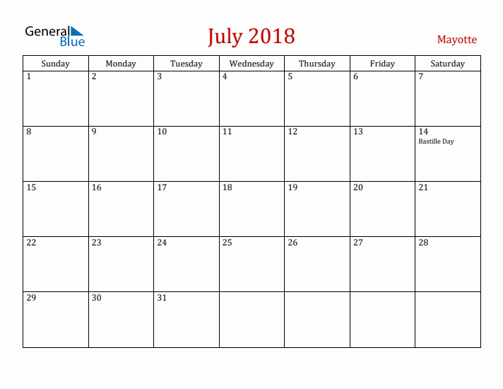 Mayotte July 2018 Calendar - Sunday Start