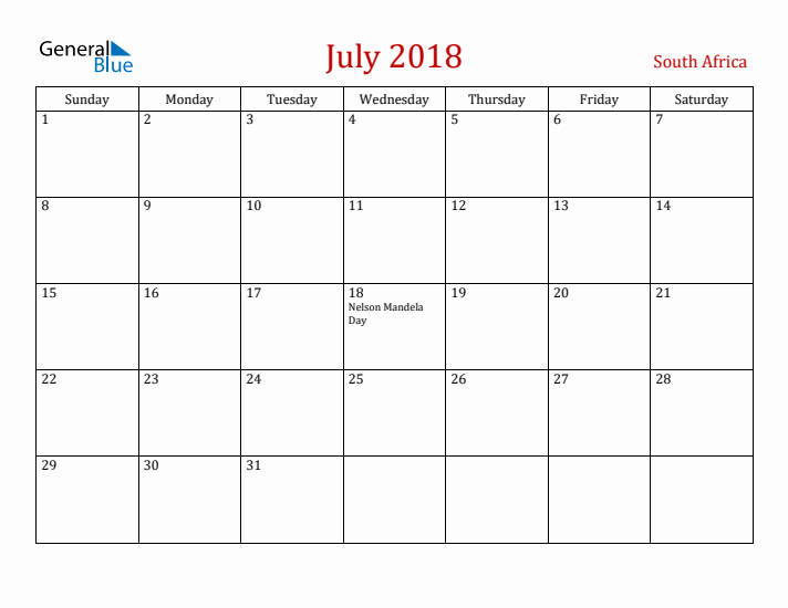 South Africa July 2018 Calendar - Sunday Start
