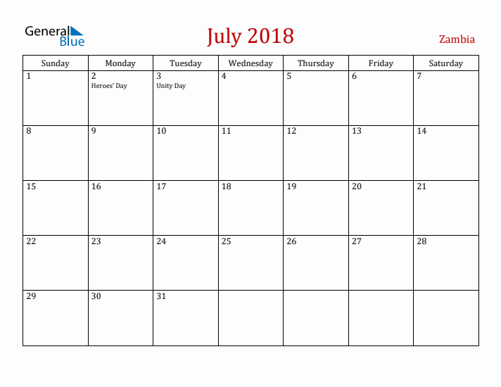 Zambia July 2018 Calendar - Sunday Start