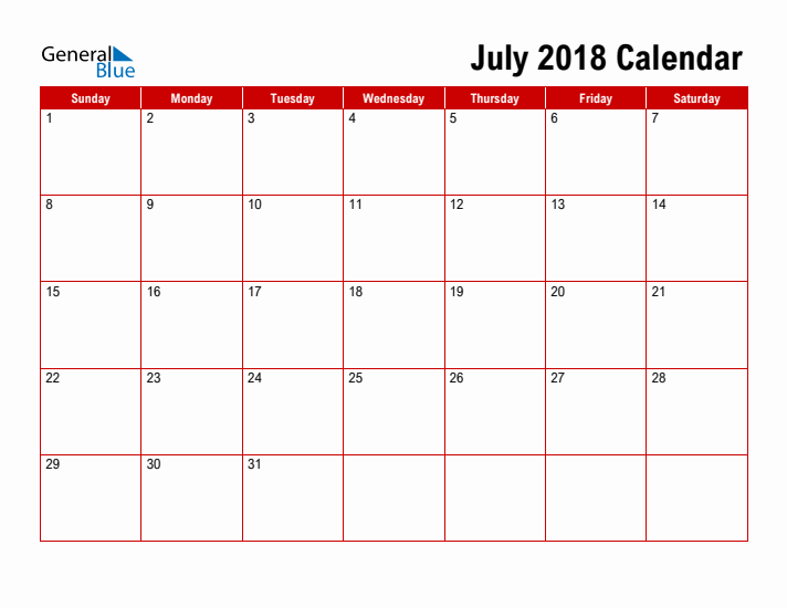 Simple Monthly Calendar - July 2018