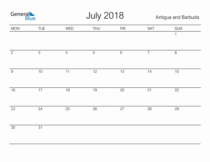 Printable July 2018 Calendar for Antigua and Barbuda