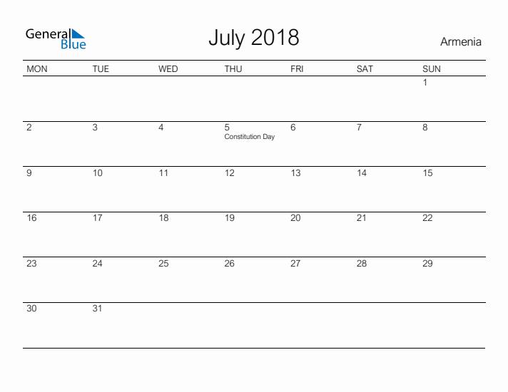 Printable July 2018 Calendar for Armenia