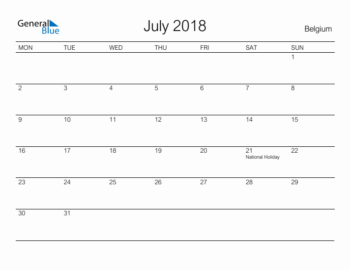 Printable July 2018 Calendar for Belgium