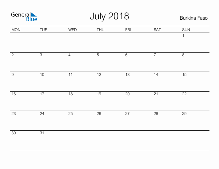 Printable July 2018 Calendar for Burkina Faso