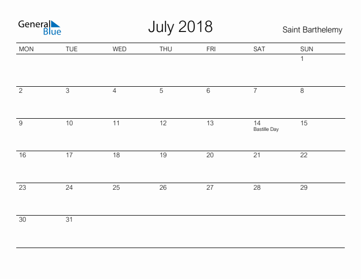 Printable July 2018 Calendar for Saint Barthelemy