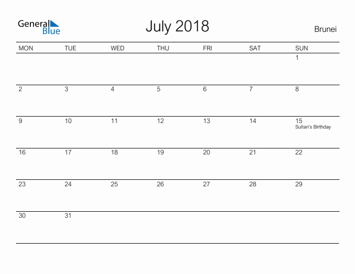 Printable July 2018 Calendar for Brunei