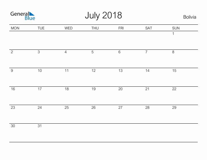 Printable July 2018 Calendar for Bolivia